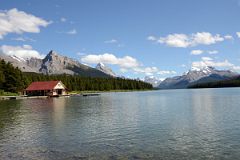 04 Maligne Lake and Boathouse, Leah Peak, Samson Peak, Mount Paul, Monkhead Mountain, Mount Warren, Valad Peak, Mount Henry MacLeod, Mount Charlton and Mount Unwin Near Jasper.jpg